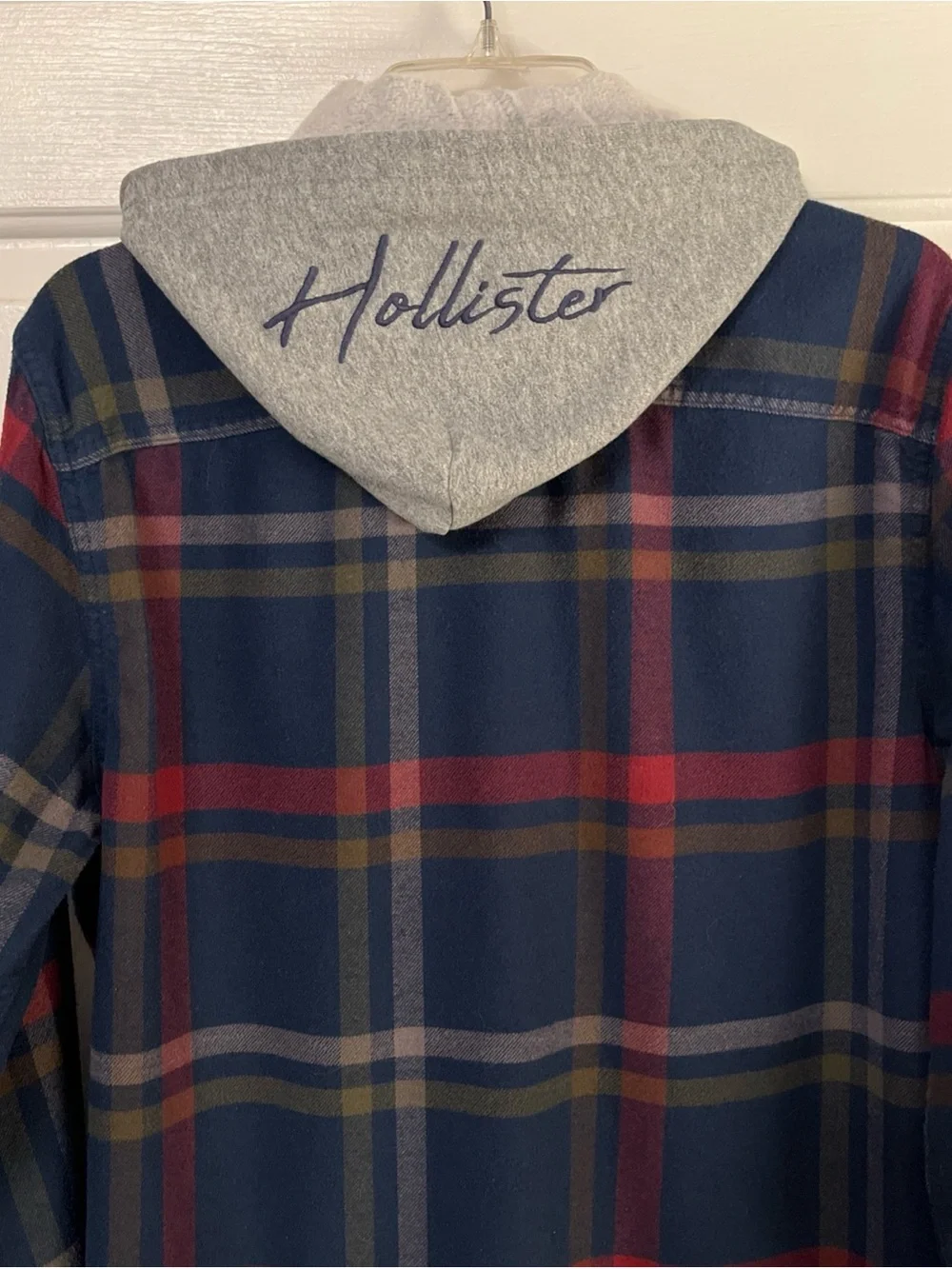 Hollister Hooded Button Up Shirt Jacket Men Navy Plaid Y2K Shacket Gray Hood Med